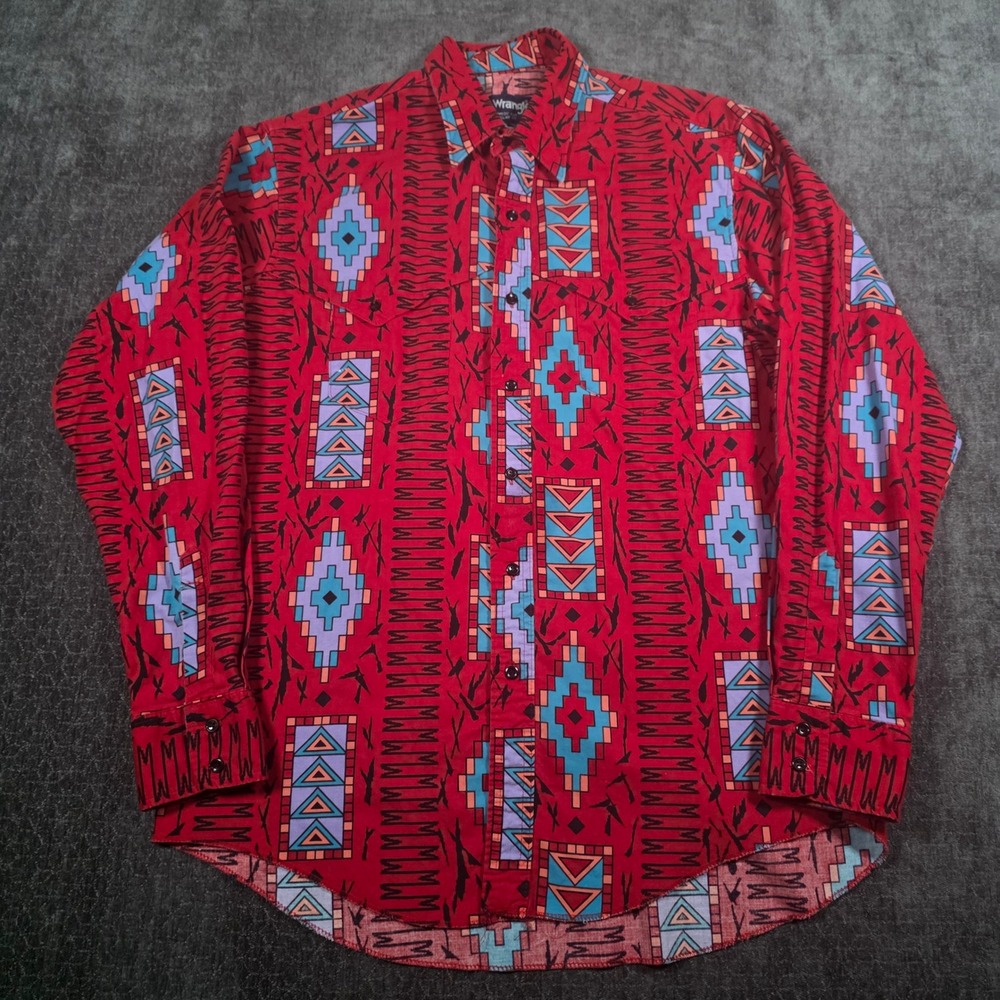 Vtg Wrangler Brushpopper Cowboy Cut Mens Red Geometric Aztec Western Shirt 16.5